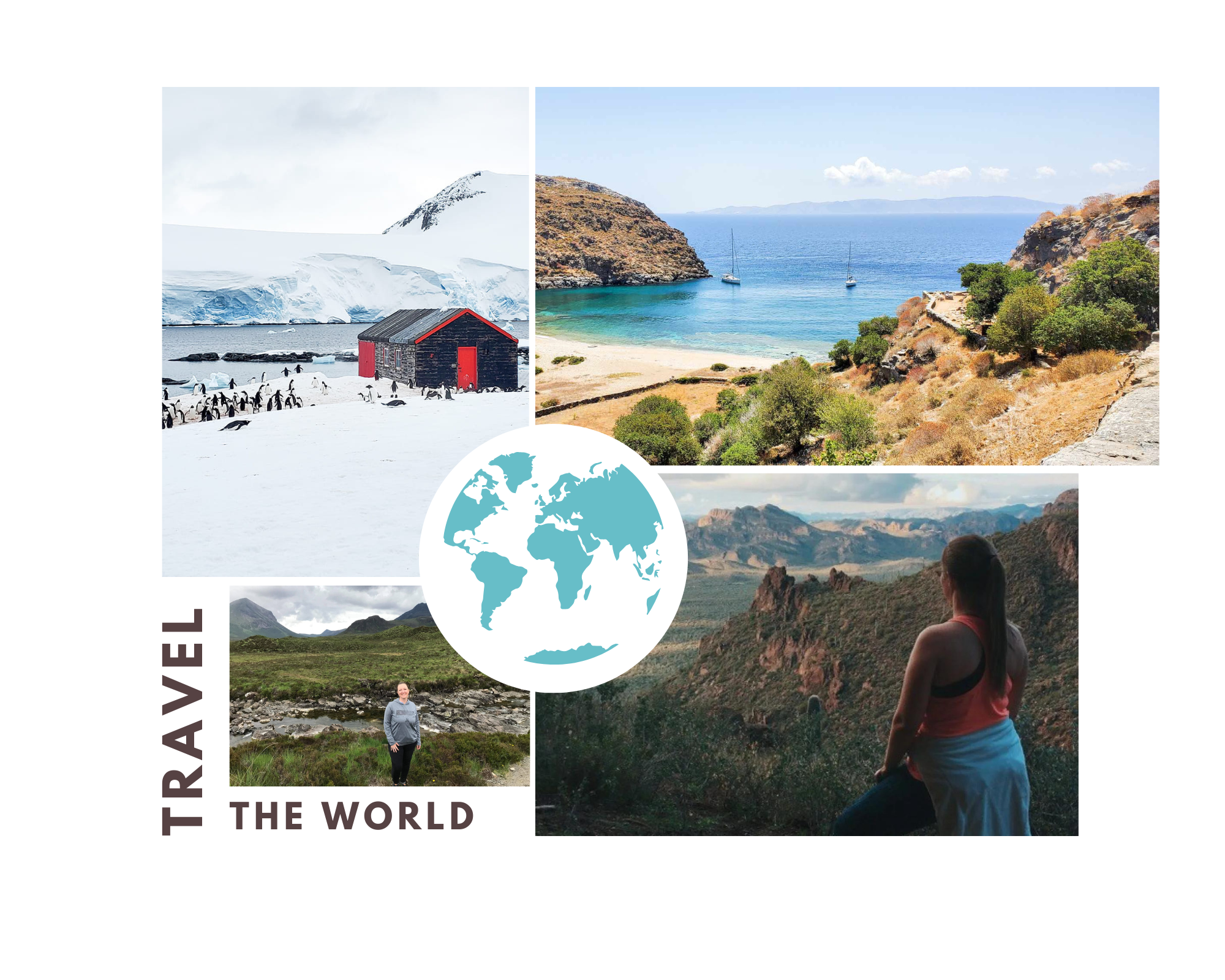 Collage of photos alternating between Brittany in places where she's traveled and been on FAMs, and landscape images of the destinations themselves. This is on the sales page for the FAM Finder newsletter.